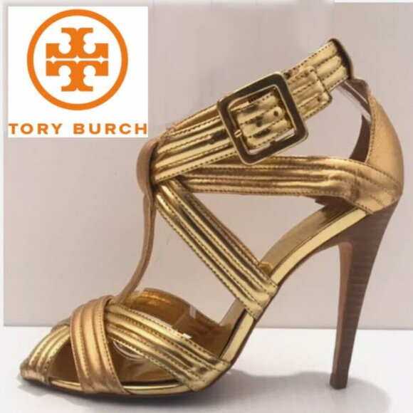 Tory Burch Gold Strappy Heels Sander Sandals Size 6.5 - Picture 1 of 14